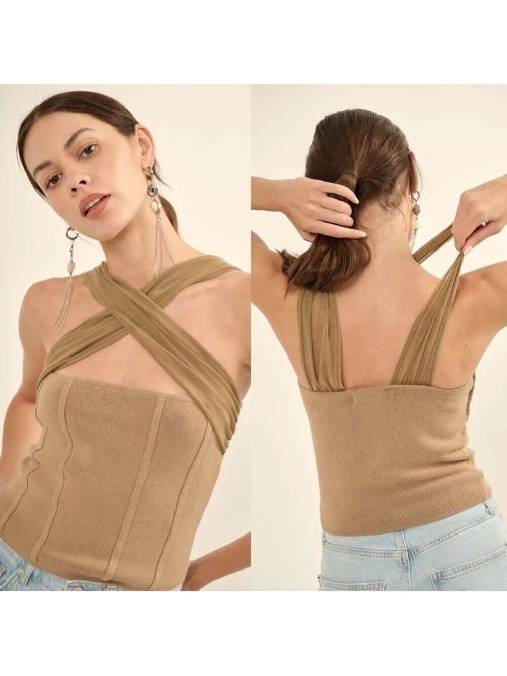 Promise the Label Shaper Fit Cross-Front Rib-Knit Corset Top in Taupe/Tan- NWOT
